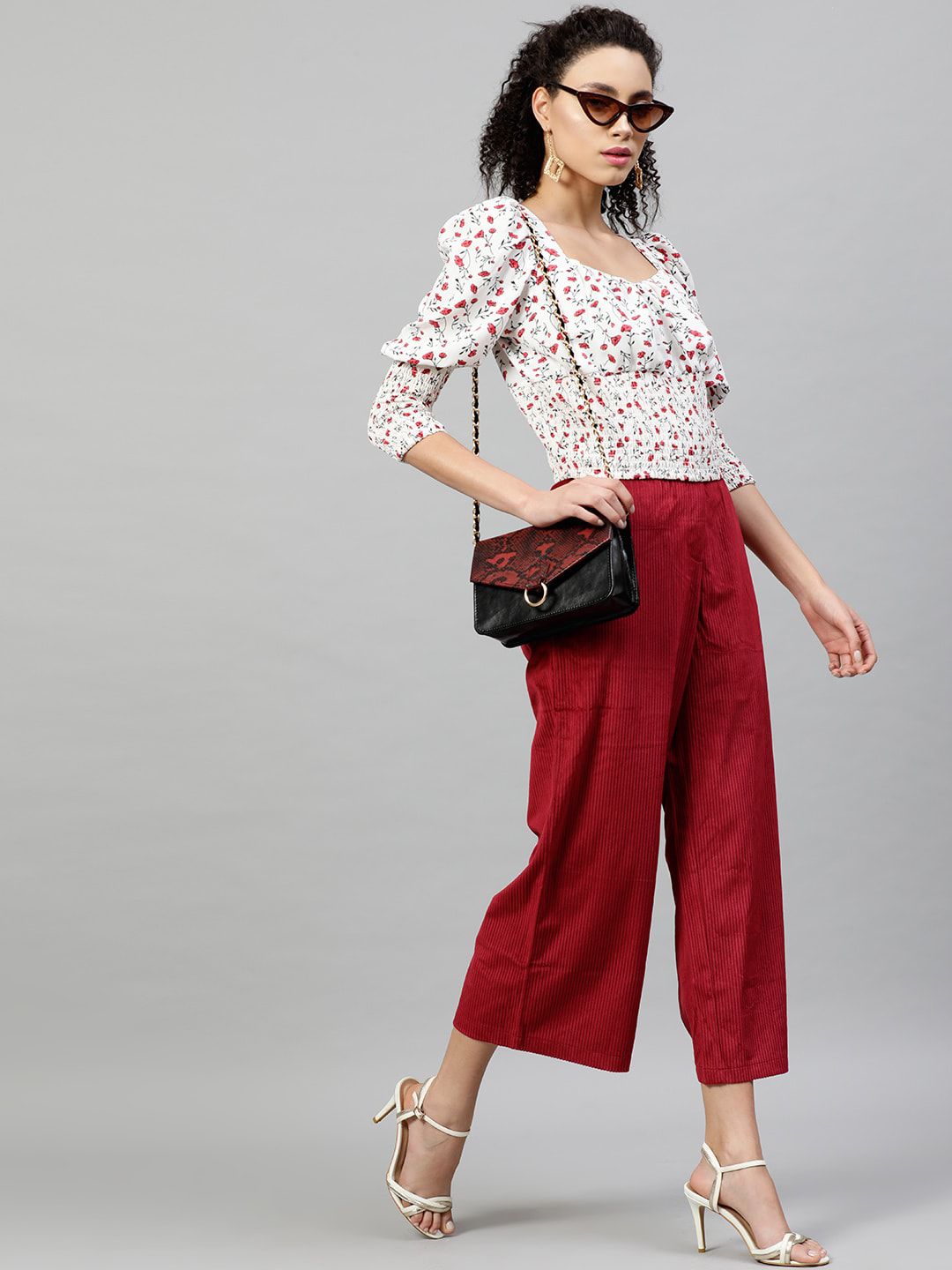 STREET 9 White Floral Printed Puff Sleeves Crepe Top