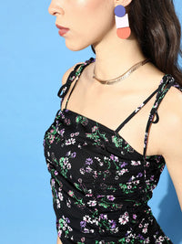 Berrylush Black Floral Crepe Bodycon Mini Dress
