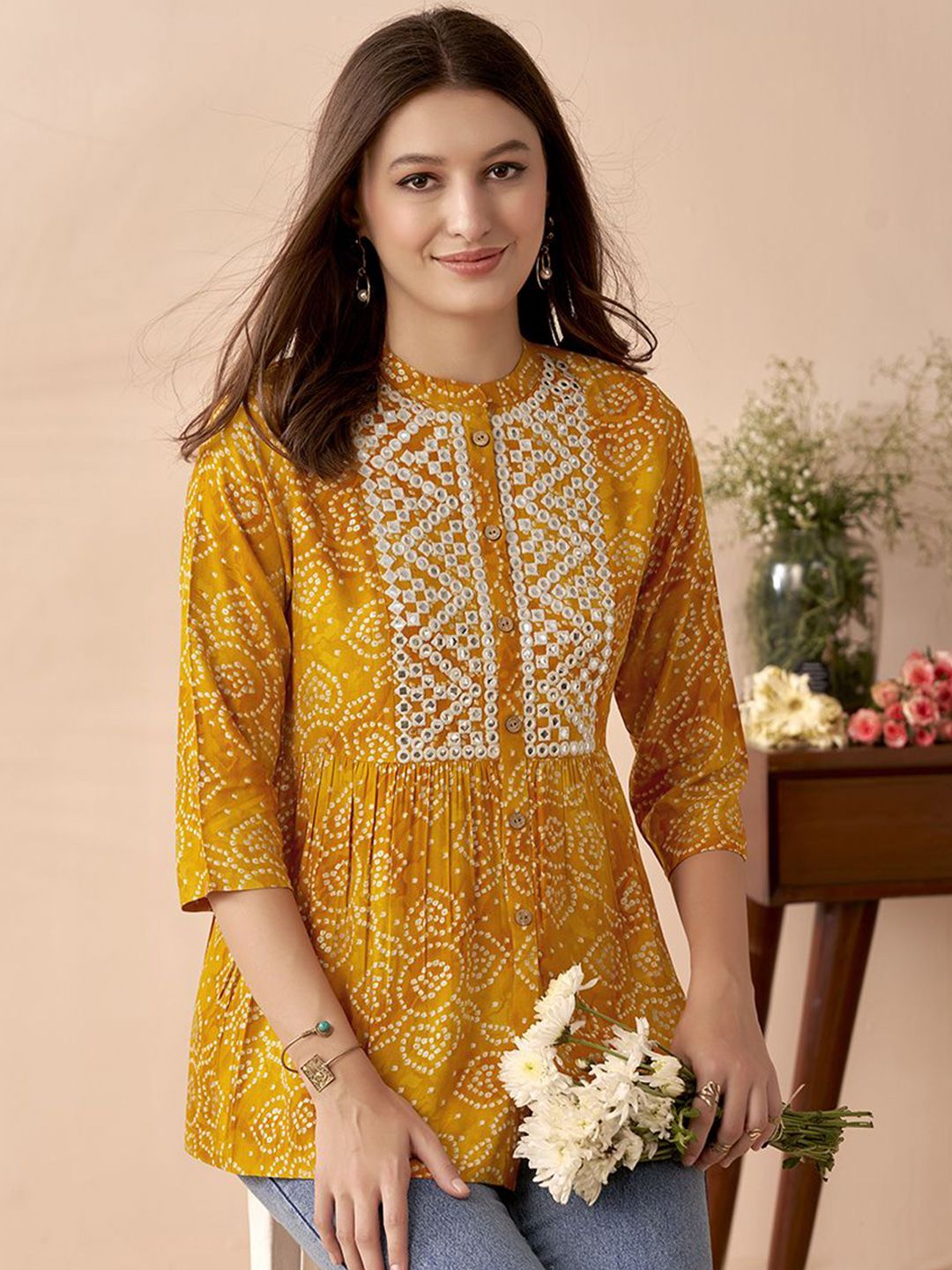 Anouk Bandhani Printed Thread Work A-Line Short Kurti