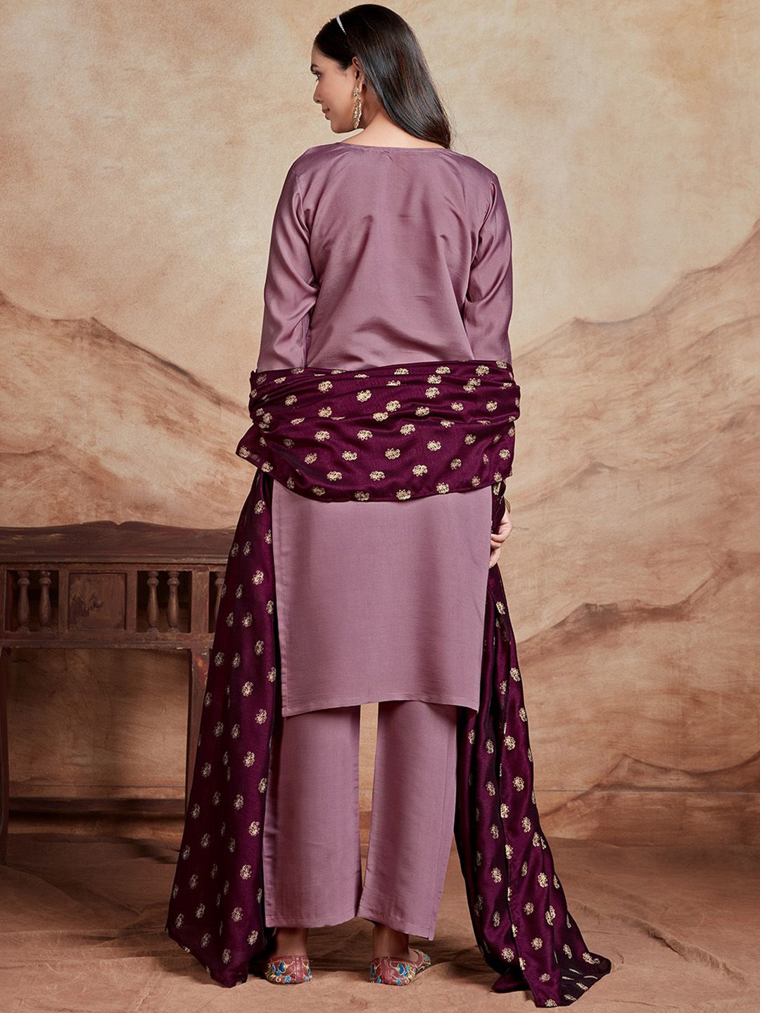 KALINI Ethnic Motifs Embroidered Chanderi Silk Straight Kurta With Palazzos & Dupatta