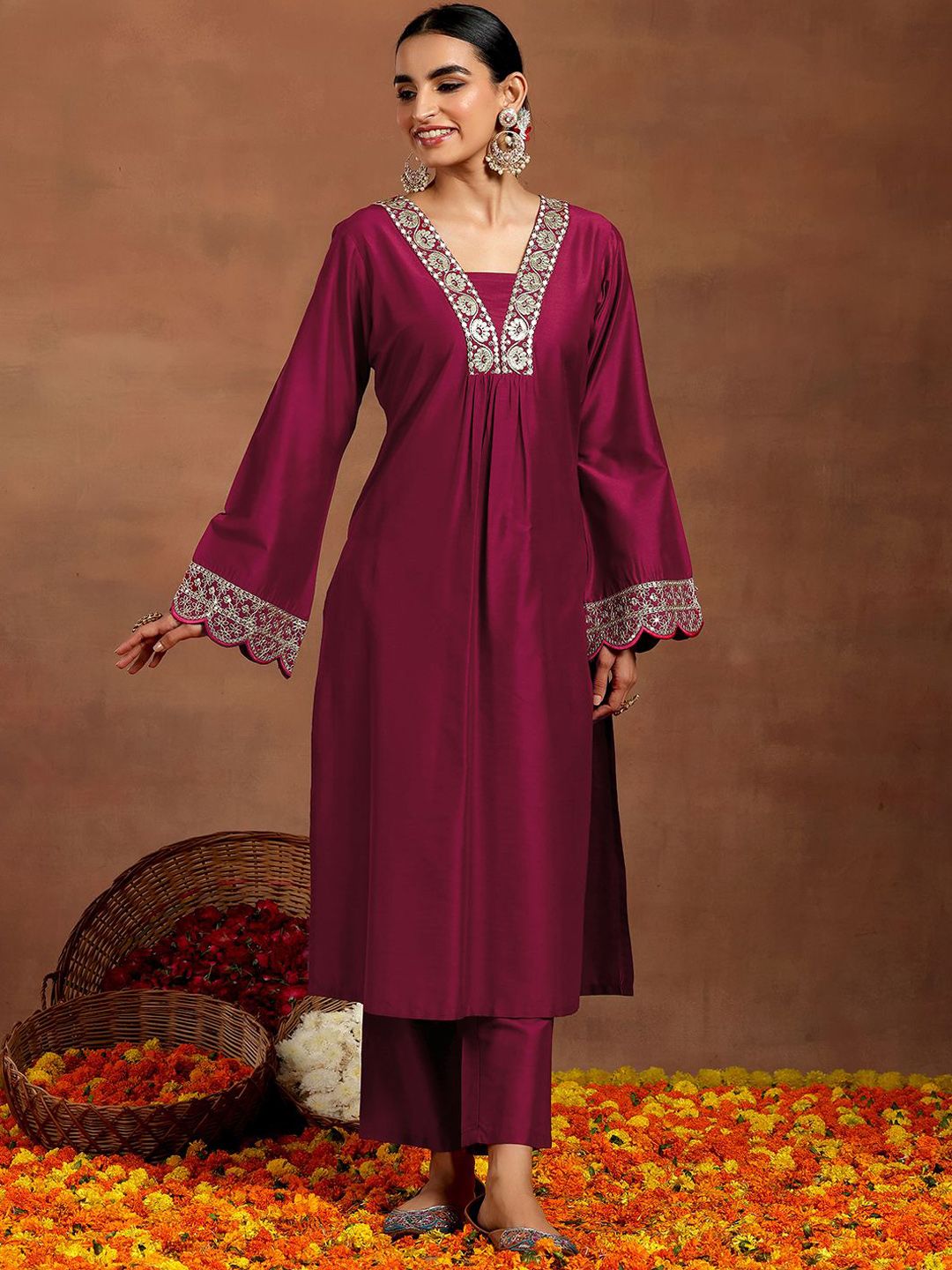 Gerua By Libas Women Floral Yoke Design Pleated Kurta with Trousers
