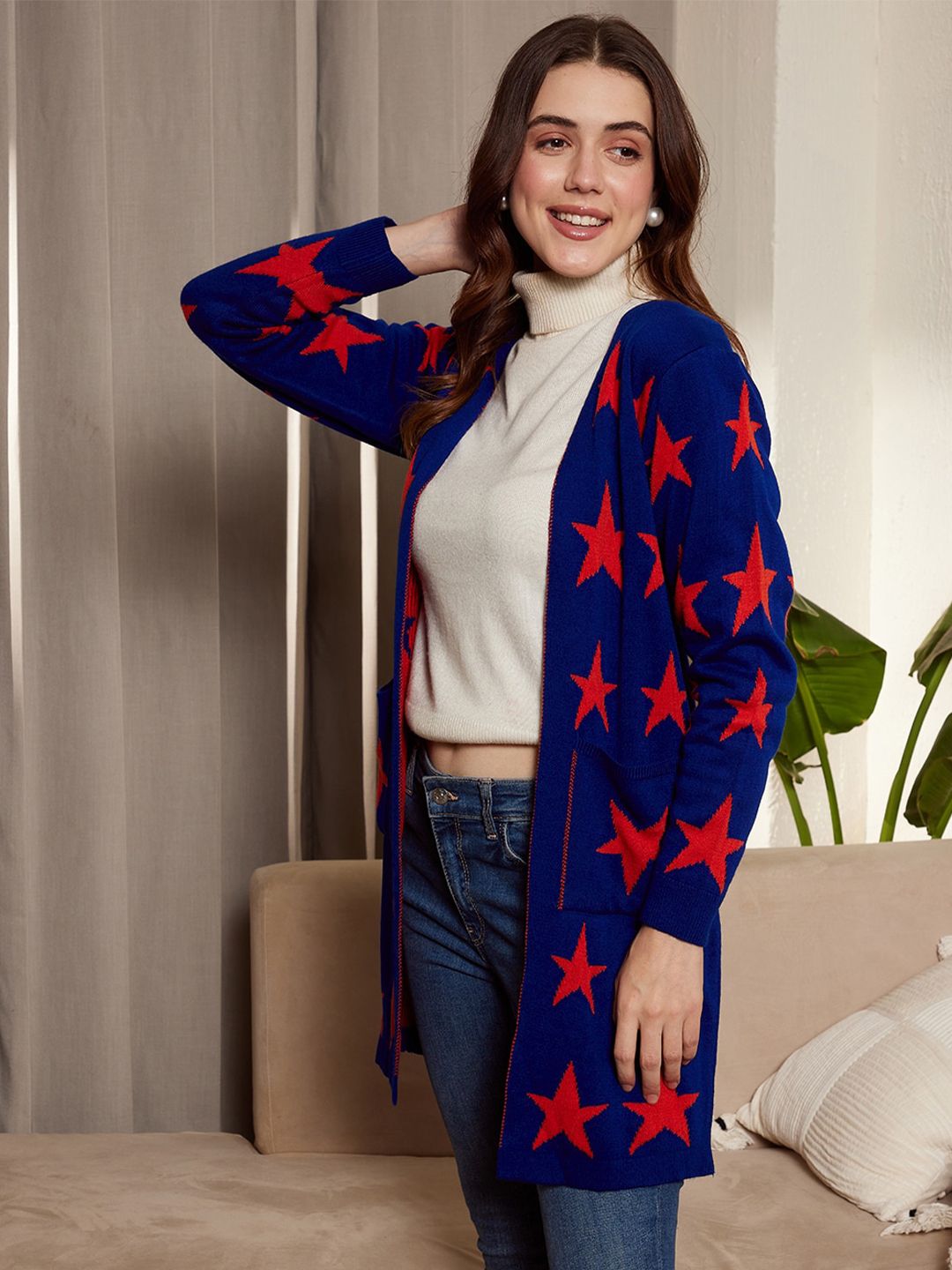 Berrylush Blue & Red Conversational Printed Longline Front Open Sweater