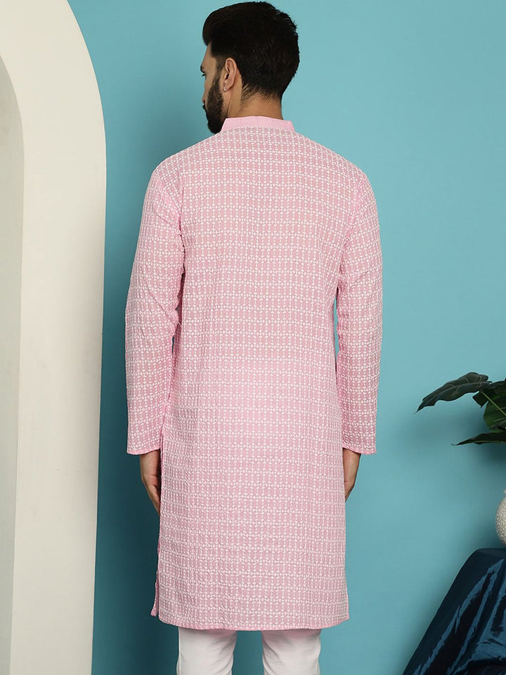 SOJANYA Striped Embroidered Thread Work Mandarin Collar Pure Cotton Straight Kurta