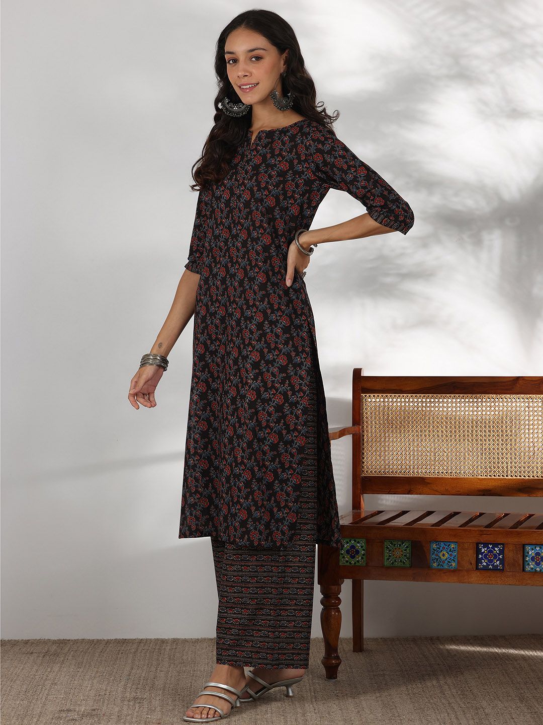 Libas Floral Printed Notch Neck Pure Cotton Straight Kurta with Palazzo & Dupatta