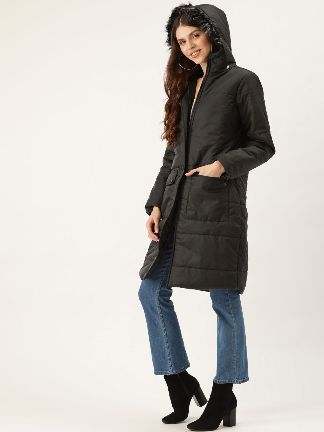 DressBerry Women Black Solid Longline Parka Jacket