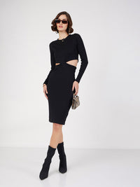 SASSAFRAS Black Ribbed Cut-Out Sheath Dress