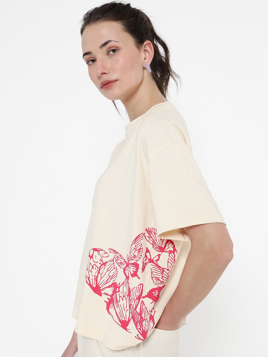 RAREISM Round Neck Drop-Shoulder Sleeves Boxy T-shirt