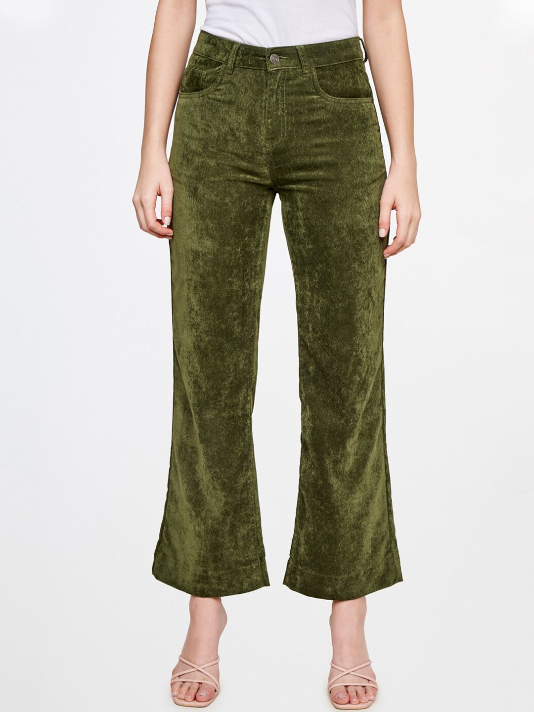AND Women Olive Green Flared Trousers