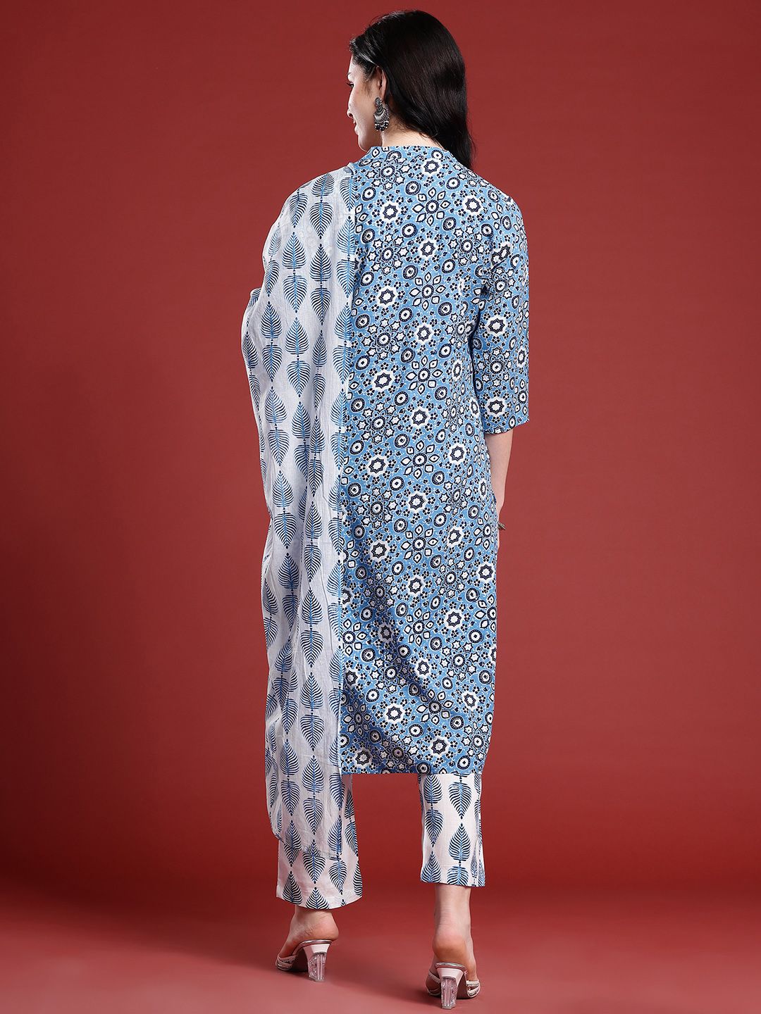 Anouk Ethnic Motifs Printed Band Collar Straight Kurta with Trousers & Dupatta