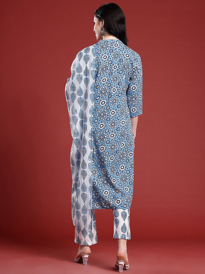 Anouk Ethnic Motifs Printed Band Collar Straight Kurta with Trousers & Dupatta