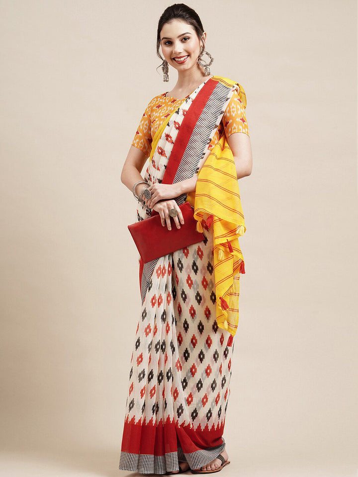 Saree mall Off White & Red Pure Cotton Sarees