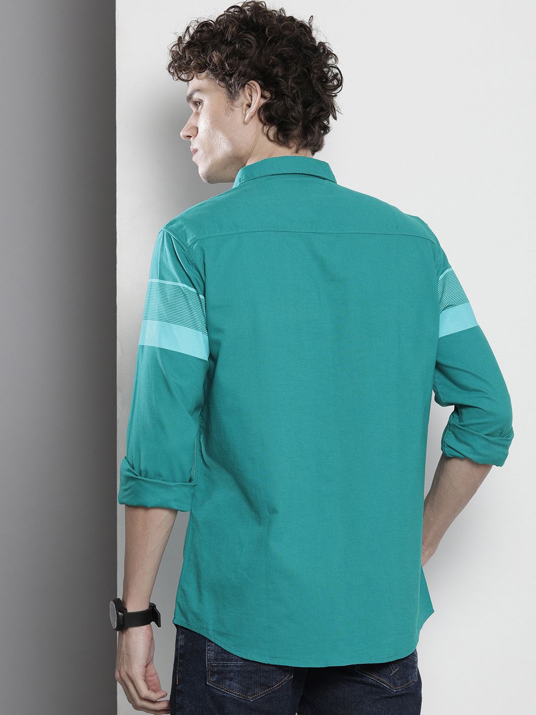 The Indian Garage Co Men Teal Horizontal Striped Cotton Casual Shirt