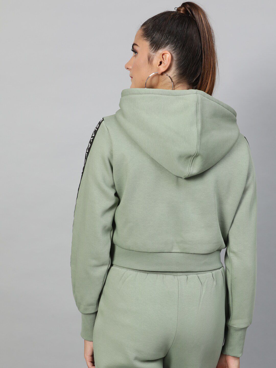STREET 9 Women Sage Green Solid Hooded Crop Sweatshirt