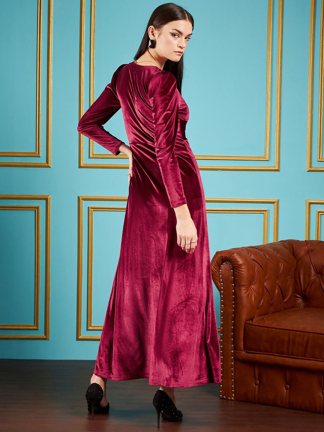 SASSAFRAS Maroon V-Neck Puff Sleeves Velvet Maxi Party Dress