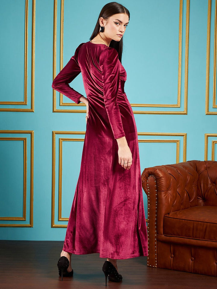 SASSAFRAS Maroon V-Neck Puff Sleeves Velvet Maxi Party Dress