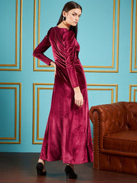 SASSAFRAS Maroon V-Neck Puff Sleeves Velvet Maxi Party Dress