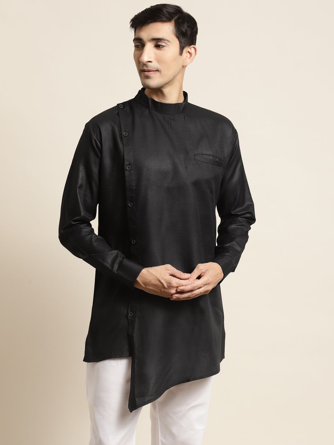 SOJANYA Lelaki Hitam Solid Kurta Asymmetric