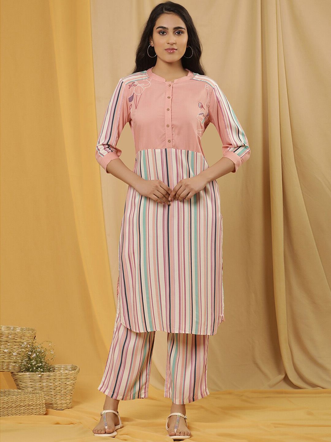 W Striped Printed Straight Kurta with Trouser