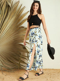 Berrylush Green Blue Floral Printed High Rise Side Slit A-Line Maxi Skirt