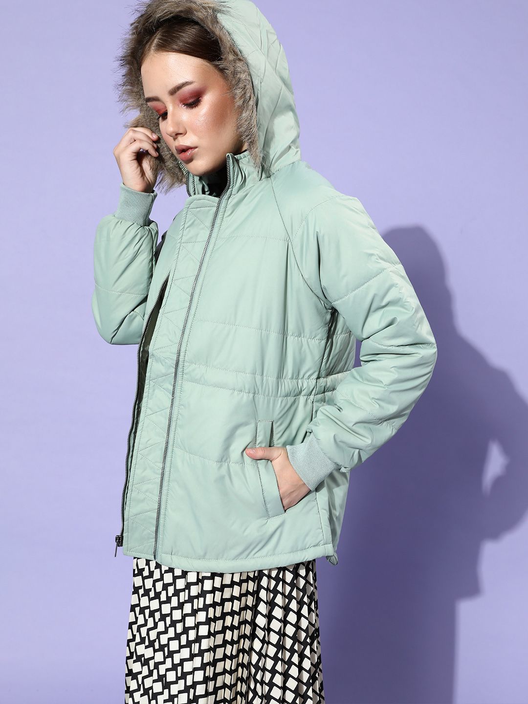 DressBerry Women Green Solid Faux Fur Trim Hooded Parka Jacket