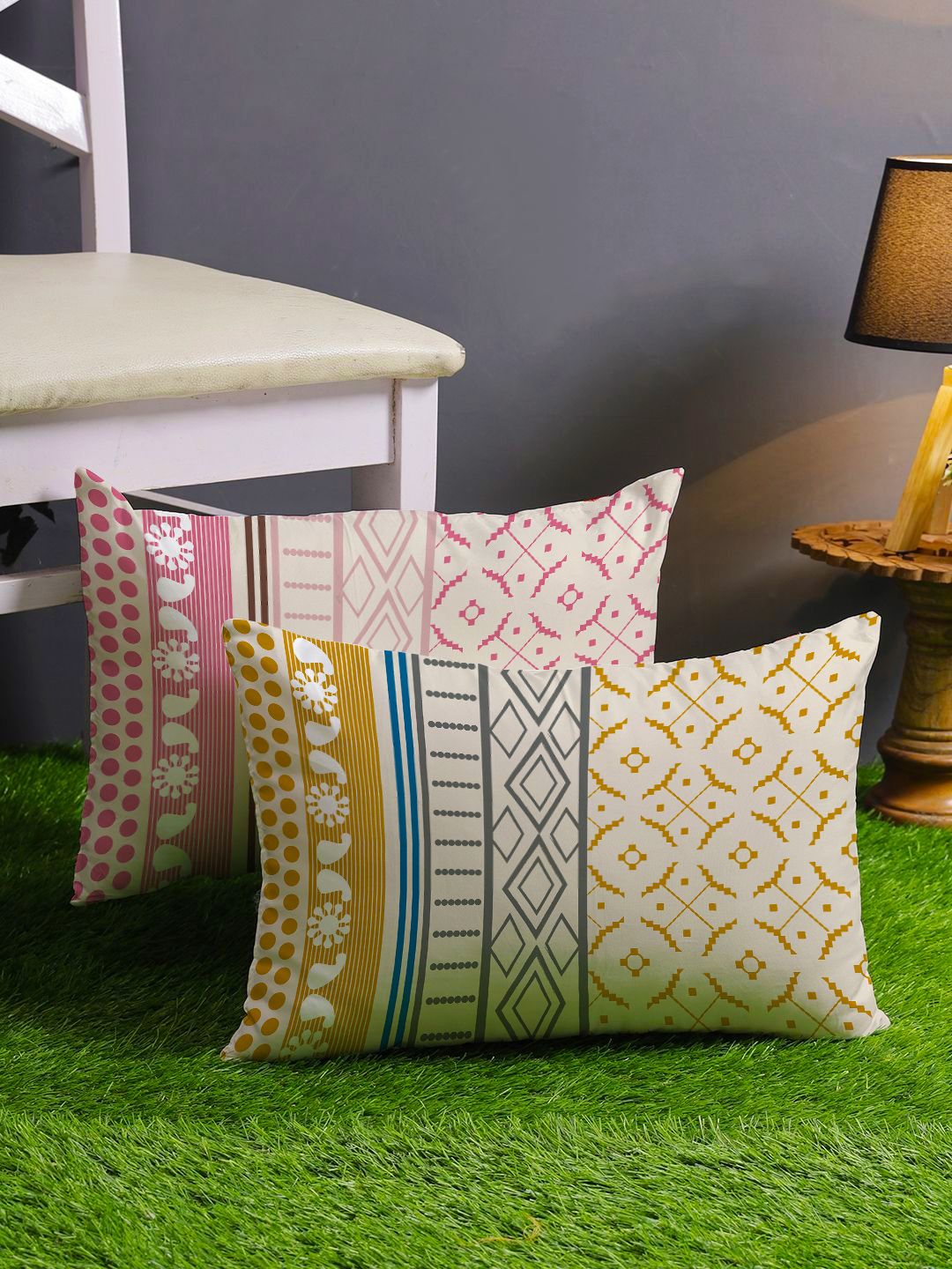 STITCHNEST Pink & Blue Set of 2 Geometric Rectangle Cushion Covers