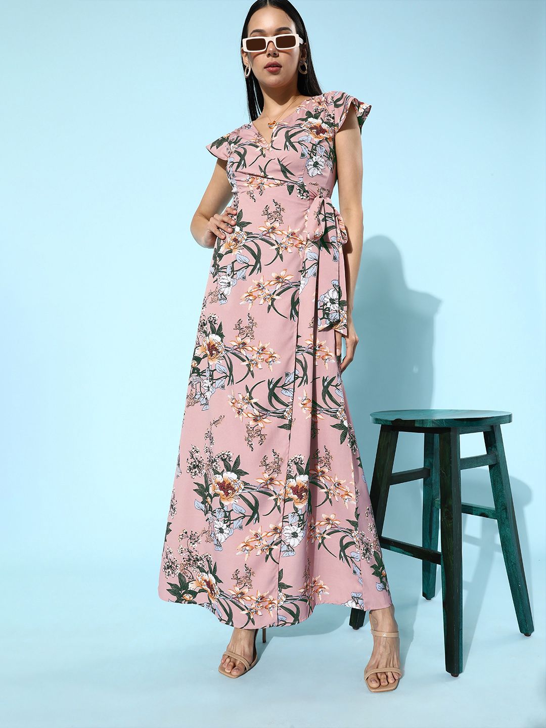 Berrylush Pink Floral Print Wrap Style Maxi Dress