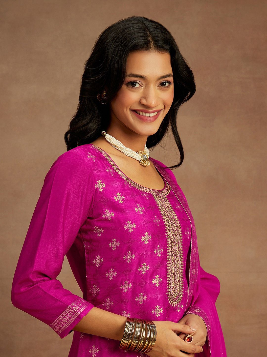 Libas Ethnic Motifs Embroidered Sequinned Straight Kurta With Trousers & Dupatta
