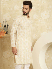 SOJANYA Men Beige Floral Embroidered Mirror Work Kurta