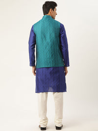SOJANYA Men Blue Jacquard Silk Kurta with Churidar & Nehru Jacket