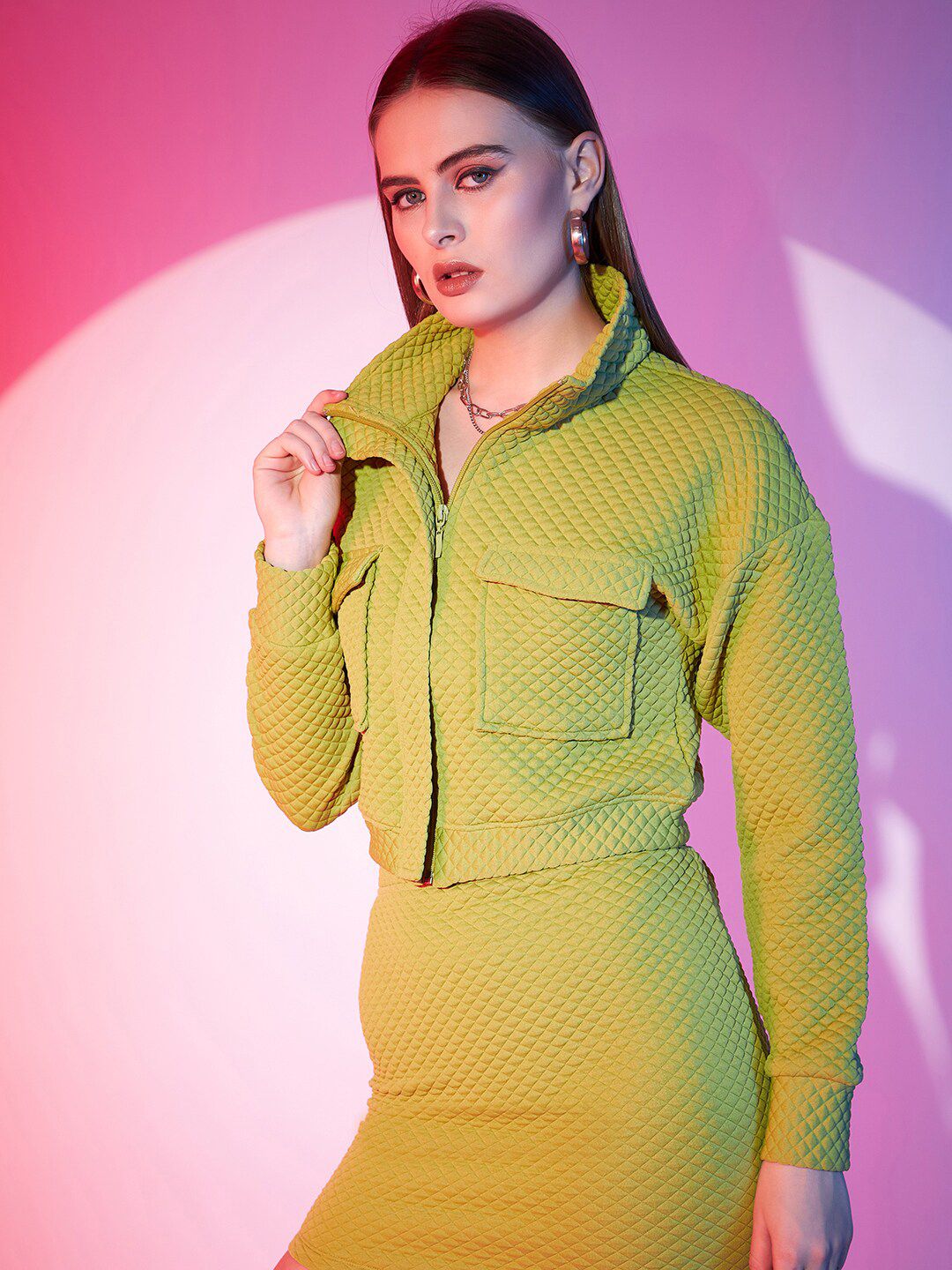 STREET 9 Green Self Design Crop Bomber Jacket