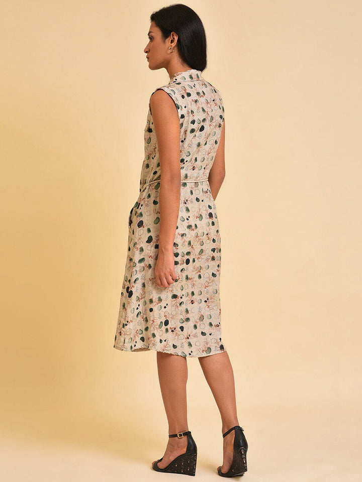 W Beige Abstract Printed Pure Cotton Shirt Style Dress