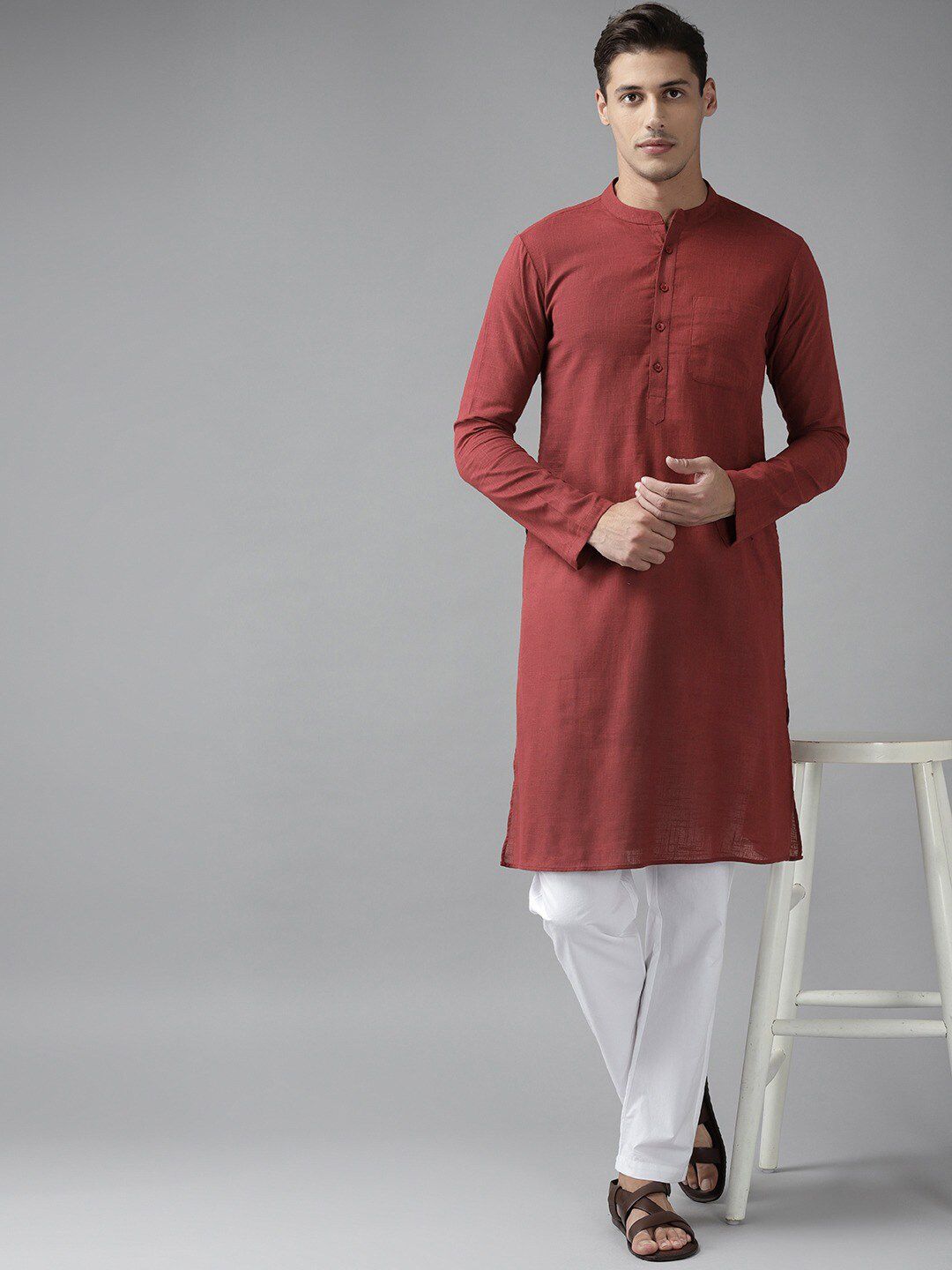 See Designs Men Maroon Thread Work Kurta