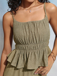 Tokyo Talkies Brown Striped Shoulder Straps Peplum Top With Trousers