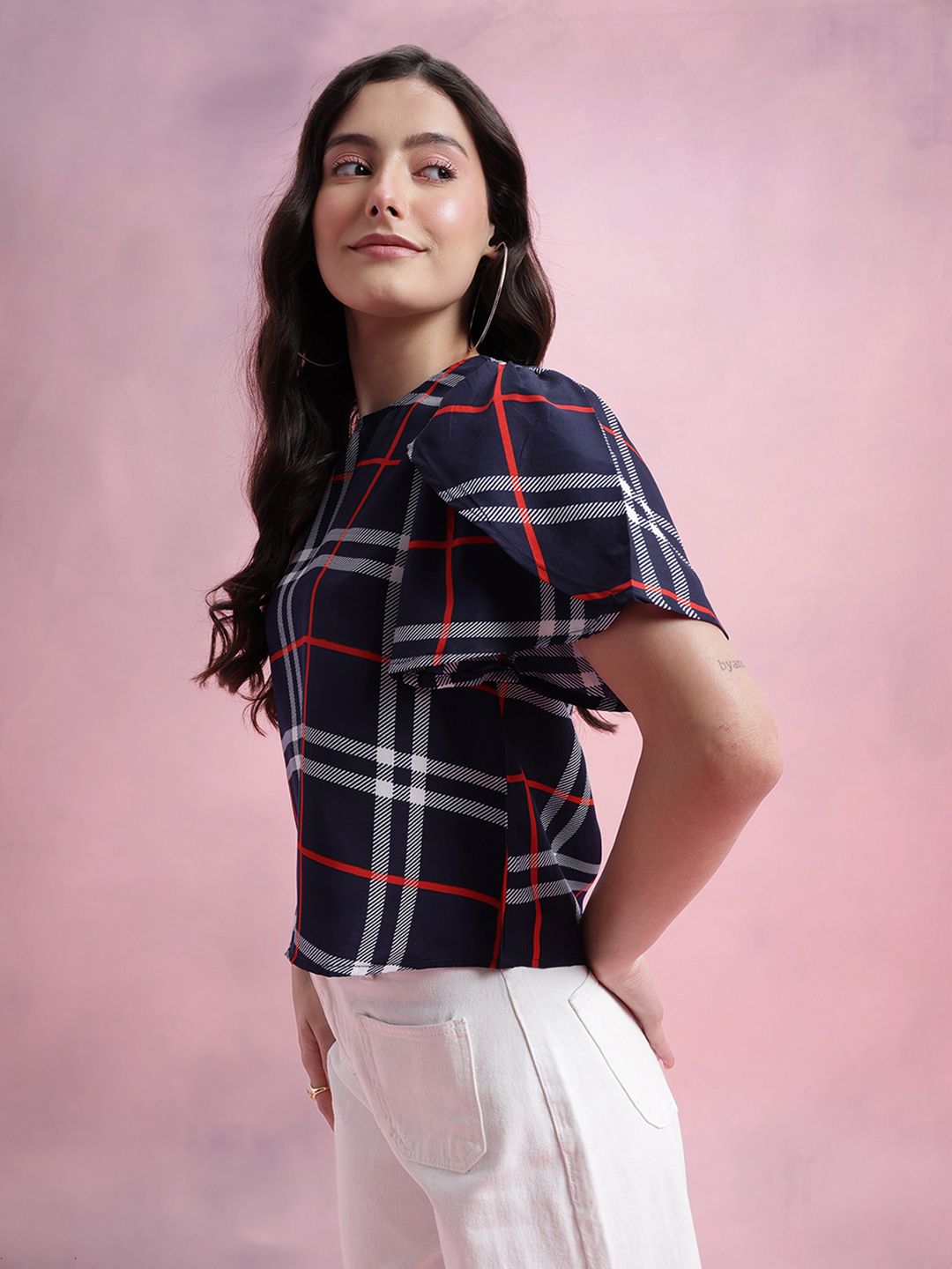 DressBerry Checked Tulip-Style Flared Sleeves Top