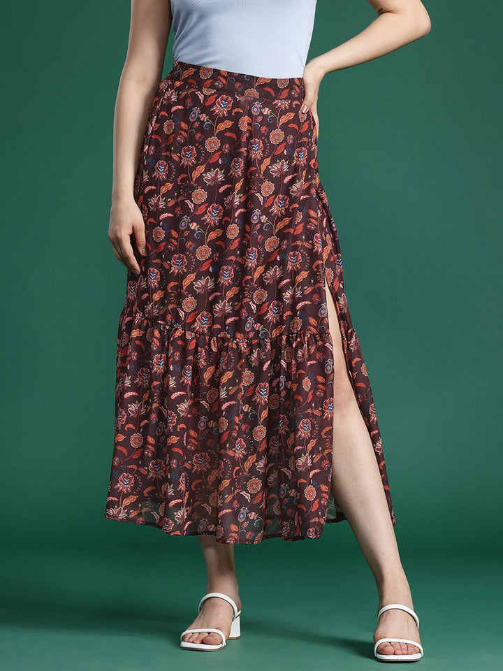 DressBerry Floral Print Slit Midi Skirt