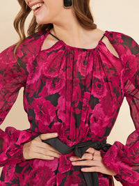 Antheaa Pink Floral Printed Puff Sleeves Gathered Detailed Chiffon Fit & Flare Dress