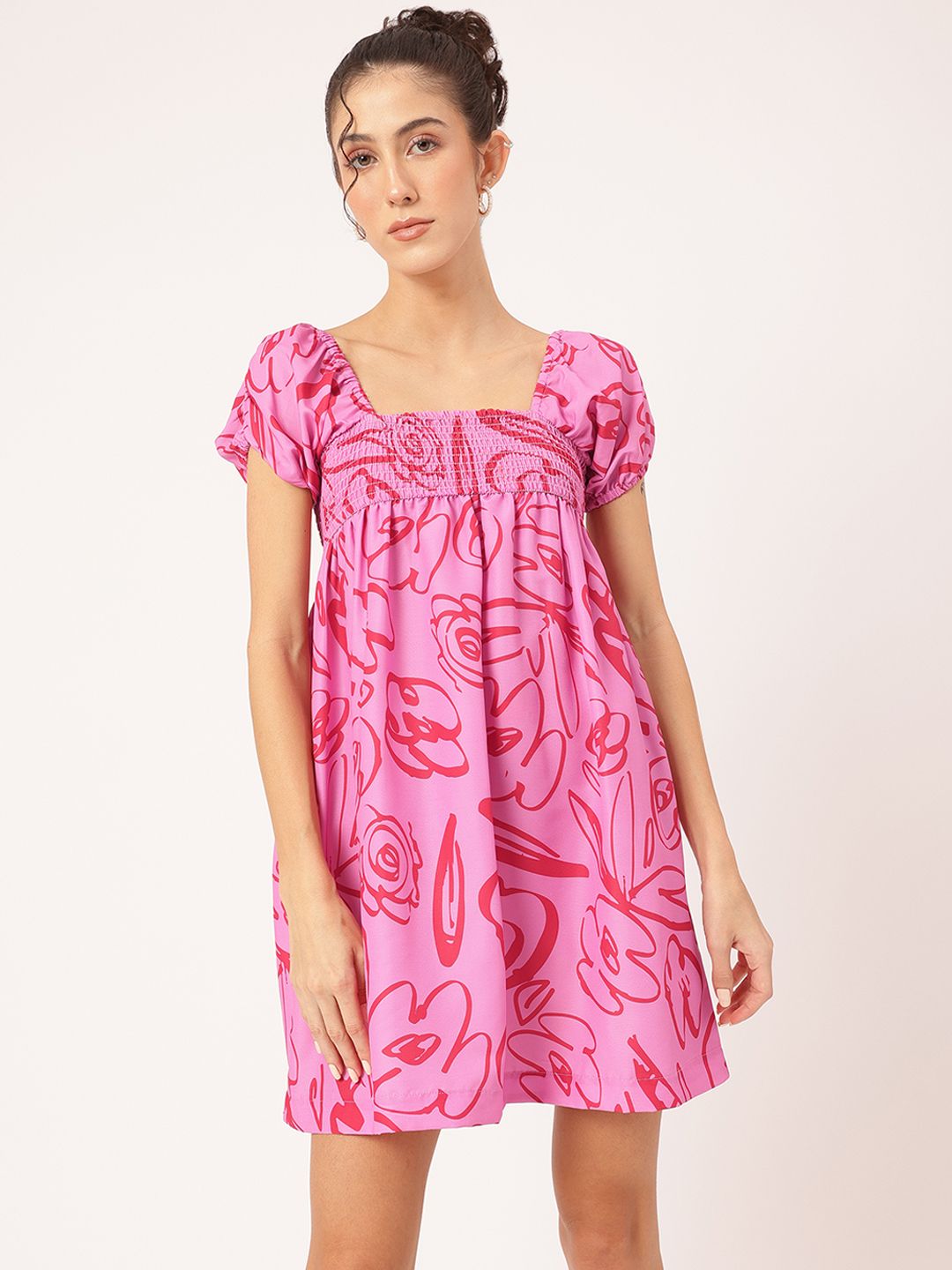 DressBerry Effortless Allure Printed Smocked Mini A-line Dress