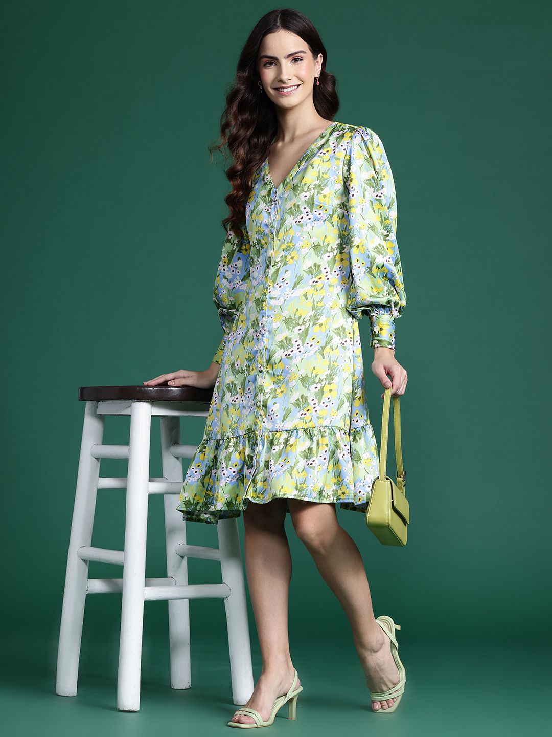 DressBerry Floral Print Bishop Sleeve A-Line Dress