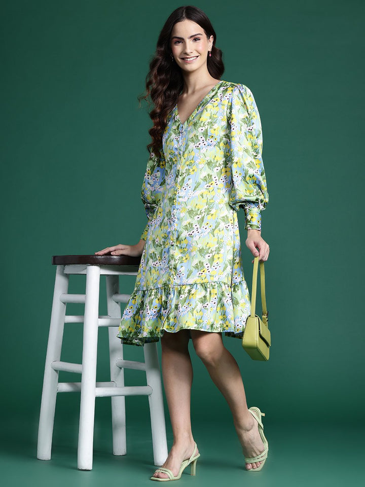 DressBerry Floral Print Bishop Sleeve A-Line Dress