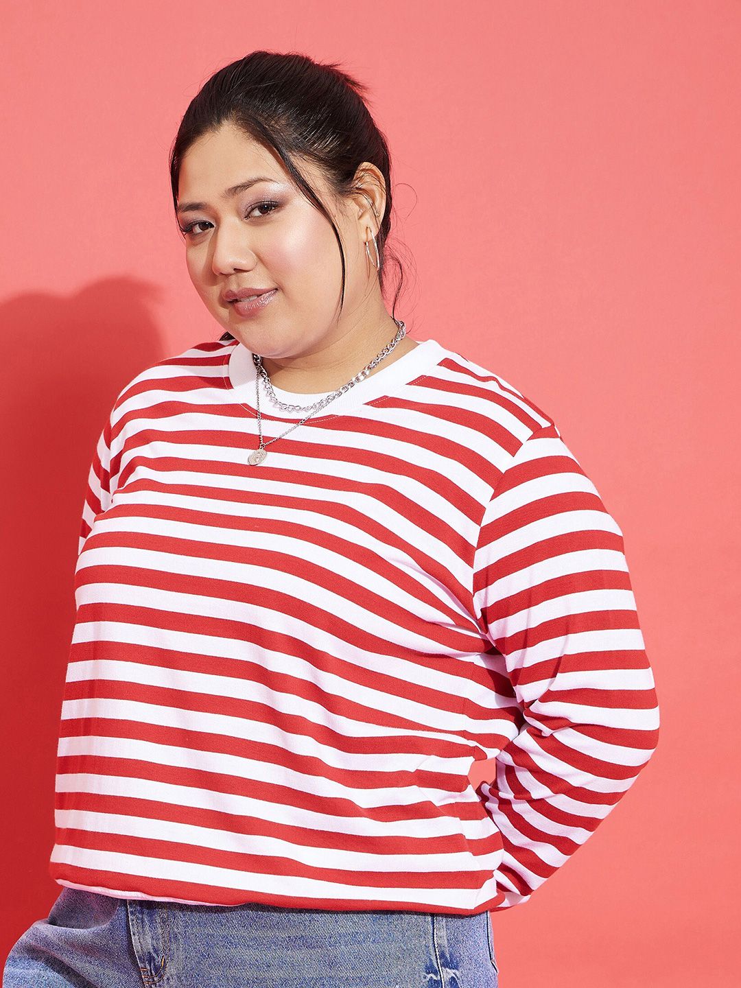 SASSAFRAS Curve Red Plus Size Striped Pullover Sweatshirt