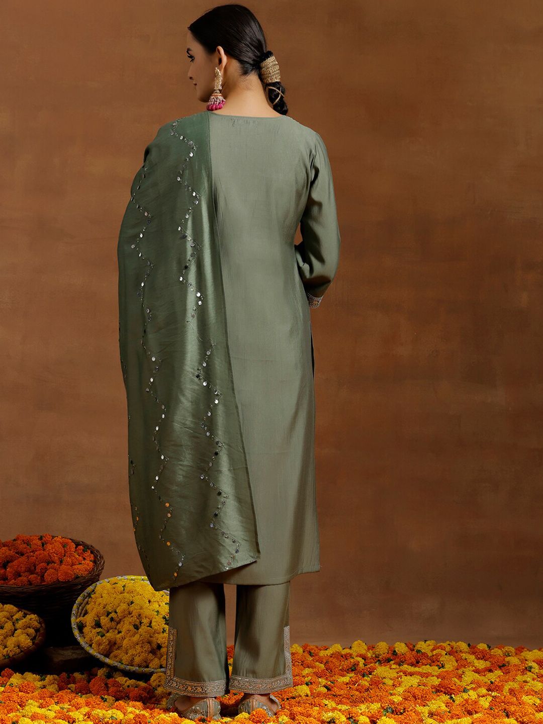 Libas Floral Yoke Design Regular Sequinned Kurta With Trousers & Dupatta