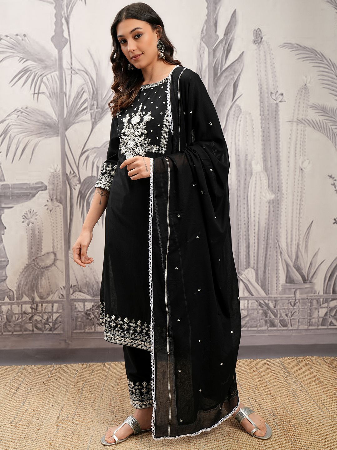 Vishudh Black Floral Embroidered Regular Pure Cotton A-Line Kurta With Trousers & Dupatta