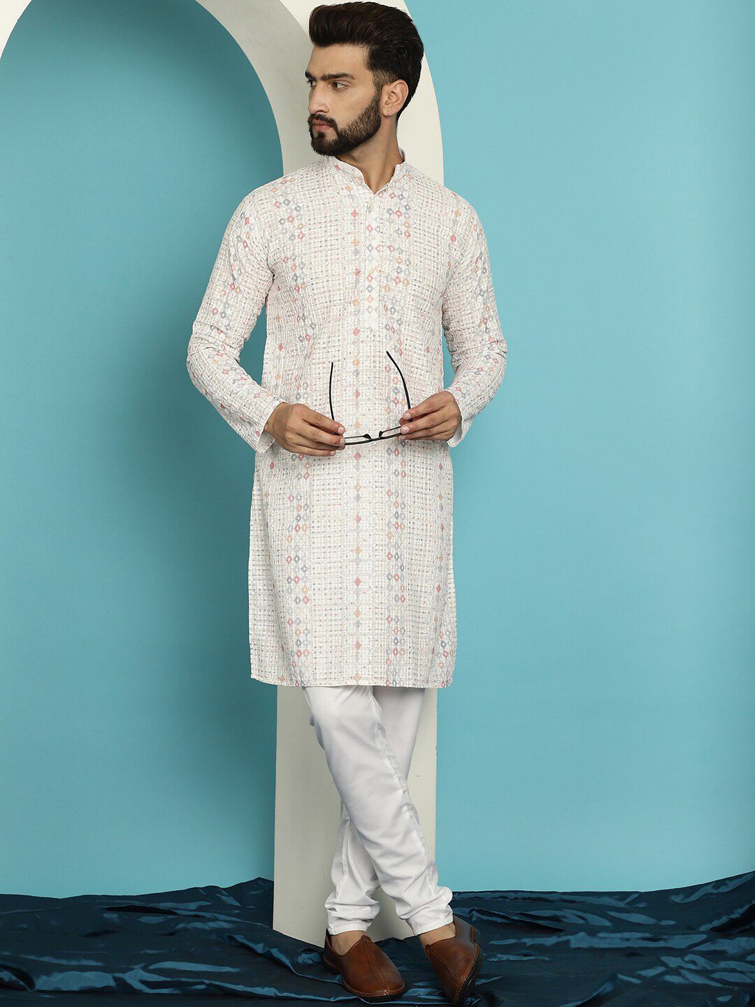 SOJANYA Ethnic Motifs Embroidered Mandarin Collar Pure Cotton Kurta with Churidar