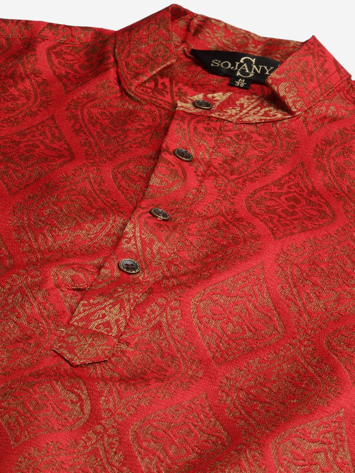SOJANYA Men Red Ethnic Motifs Jacquard Silk Kurta with Churidar & Nehru Jacket