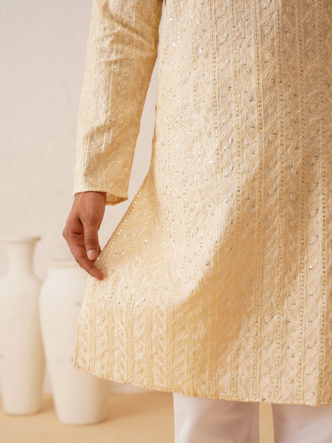 SOJANYA LUXE Motif Etnik Sulam Benang Kerja Cotton Sutera Kurta Lurus dengan Piyama