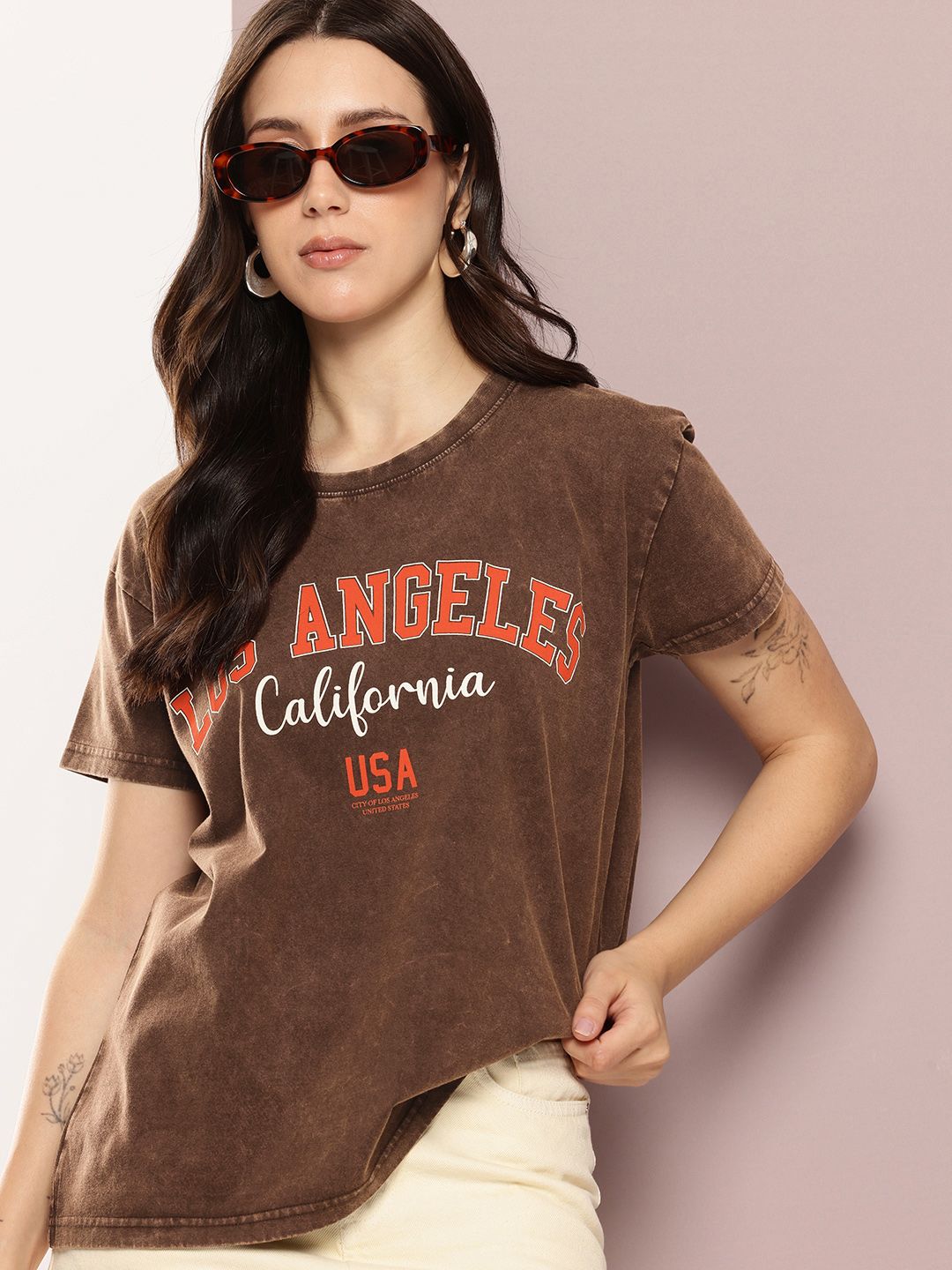 DILLINGER Women's Acid Washed Boxy Fit Varsity Printed Tshirt