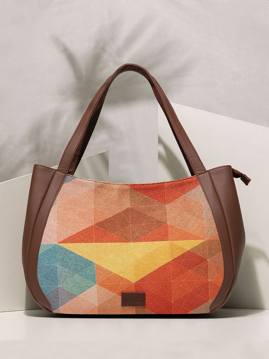 ZOUK Geometric Printed Oversized Jute Structured Shoulder Bag