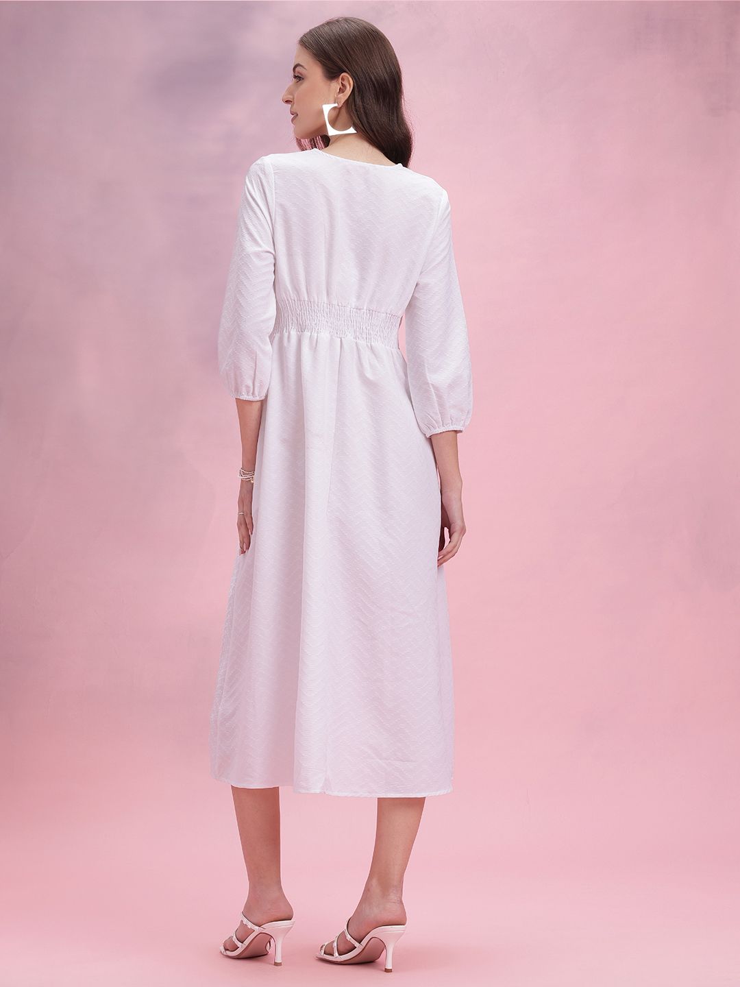 DressBerry Chevron Puff Sleeves A-Line Midi Dress