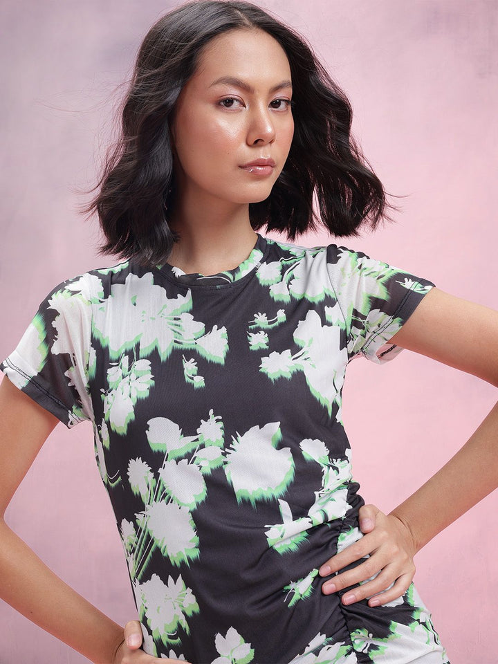 DressBerry Floral Print Ruched Mesh Bodycon Midi Dress