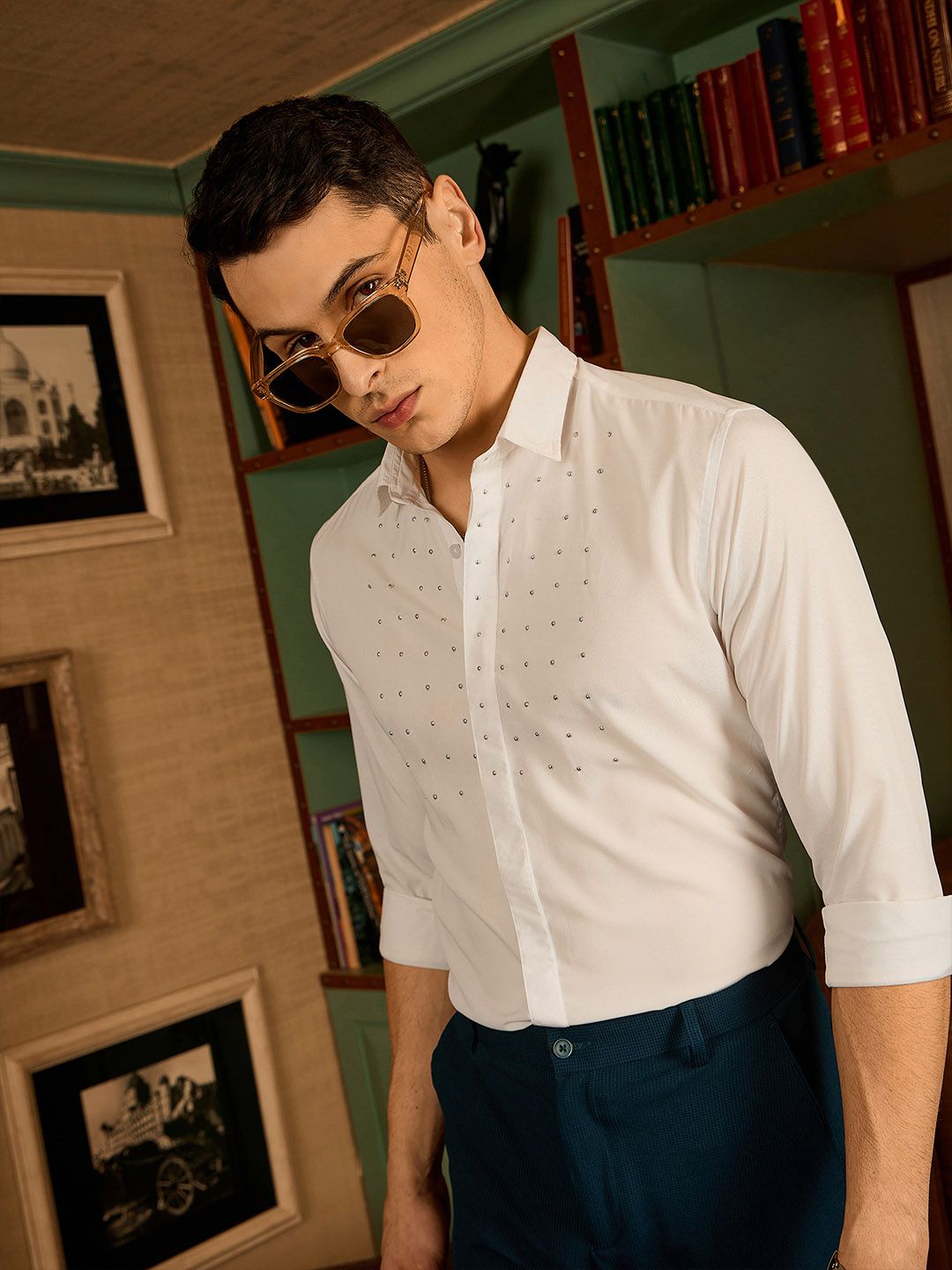 DENNISON Men Spread Collar Embellished Party Shirt
